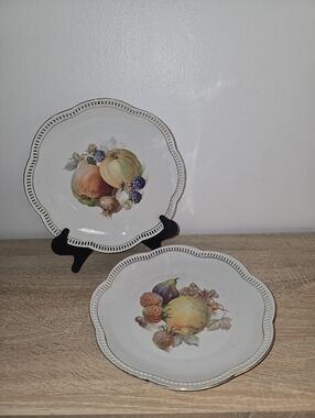 Schumann Germany Fruit Plates Set 2 Gold Trim Reticulated Edge
